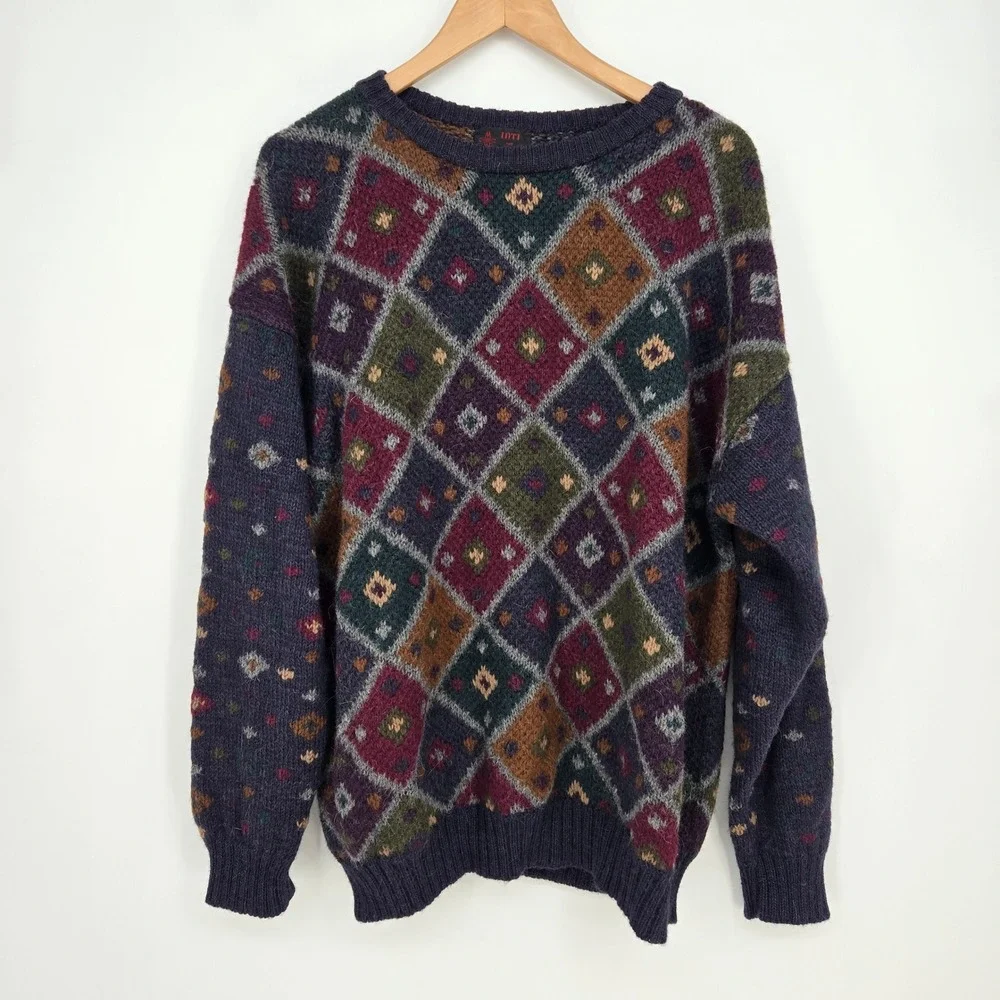 100% Alpaca Hand Knit Vintage Jewel Tone Argyle Wool Pullover Sweater Mens L EUC